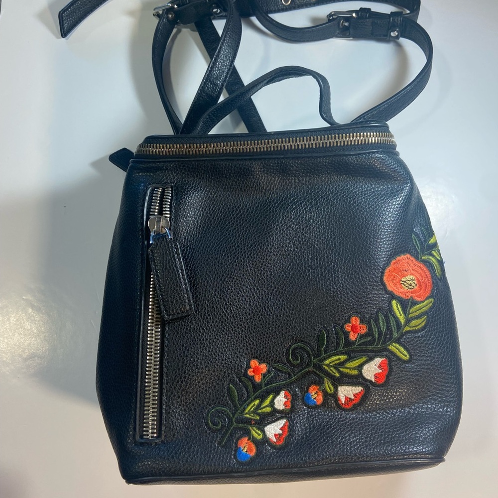 Embroidered Black Faux Leather Backpack